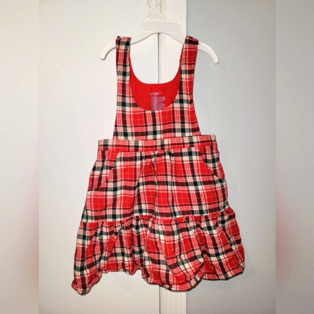 Cat & Jack Girls 4T Red Green Plaid Holiday Overall Dress Christmas